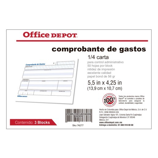 COMPROBANTE DE GASTOS 1/4 CARTA 3 BLOCKS DE 50H
