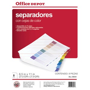 SEPARADORES INDICES OFFICE DEPOT 8 DIV. COLOR